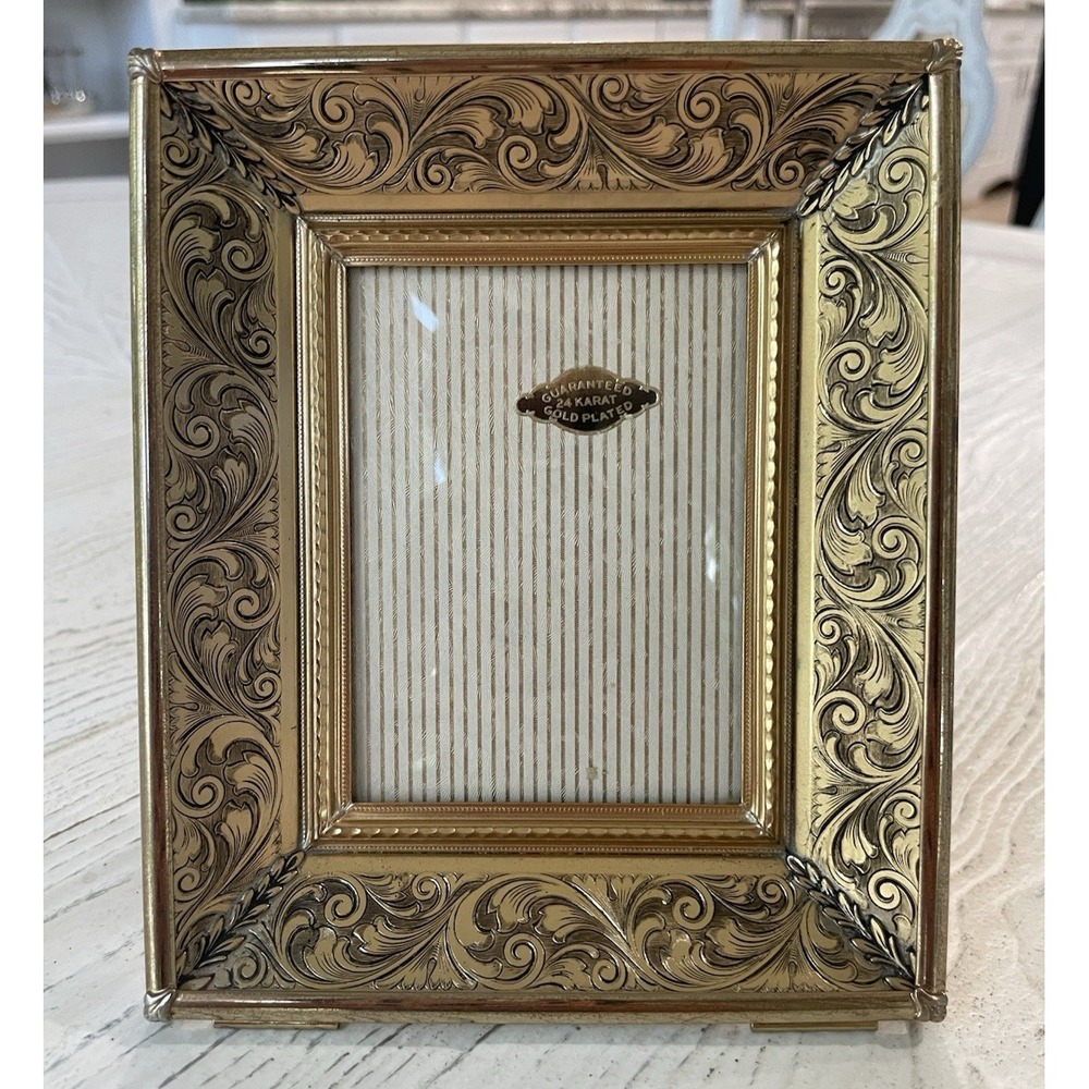 Vtg Gold Plated Embossed Convex Glass Picture Frame 3 x 4" Photo Easel or Hang